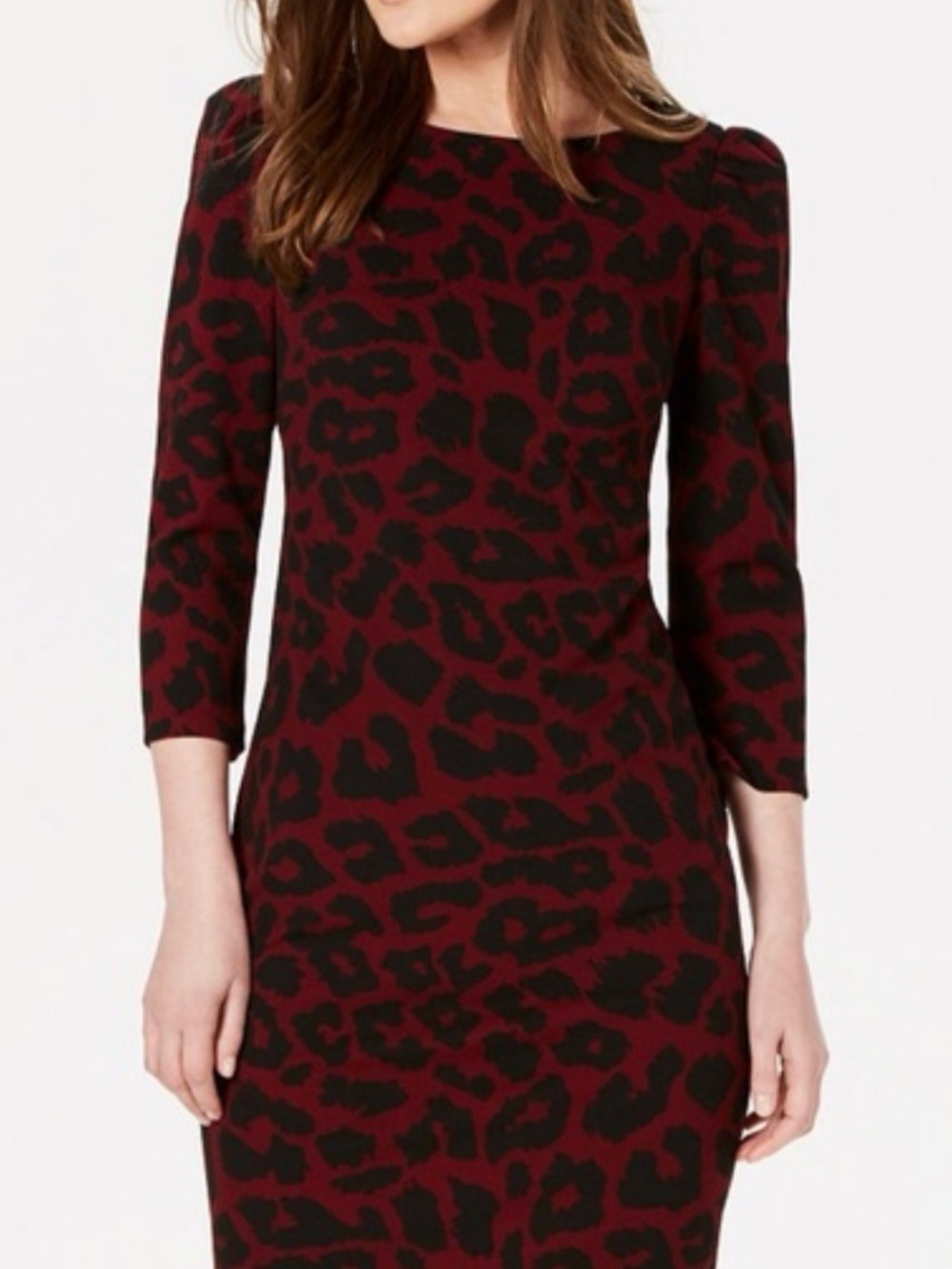 Calvin Klein Animal Print Dress Burgundy Black 3/4 Sleeve Size 6